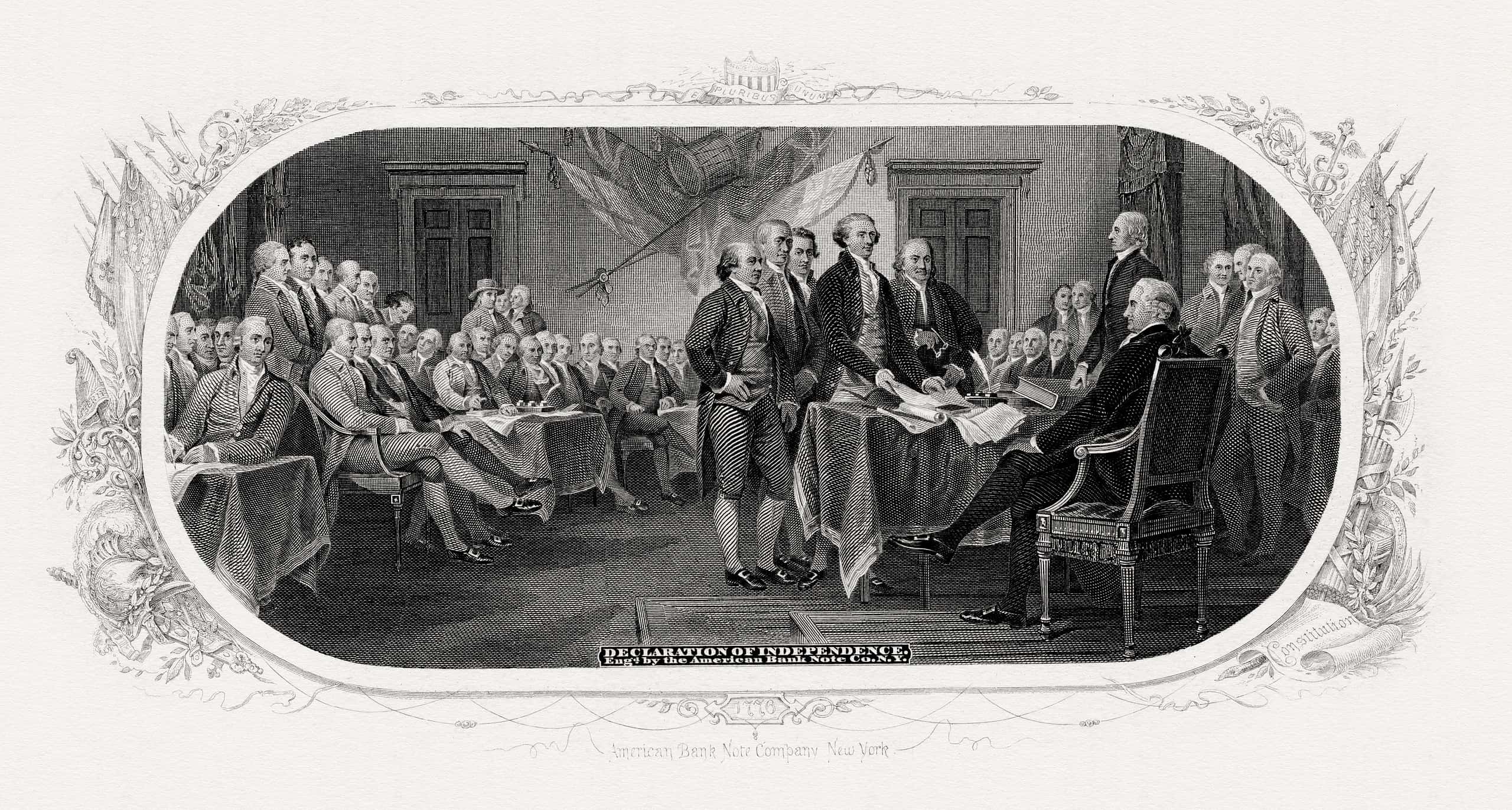 Bureau of Engraving and Printing engraved vignette of John Trumbull’s painting Declaration of Independence (c. 1818). Engraving by Frederick Girsch. Scanned from an original impression, part of a Treasury Department presentation album of portraits and vignettes (c. 1902), possibly presented to Lyman Gage. (Epson 10000XL scanner @2400dpi). For Independence Day 2024 Blog Post